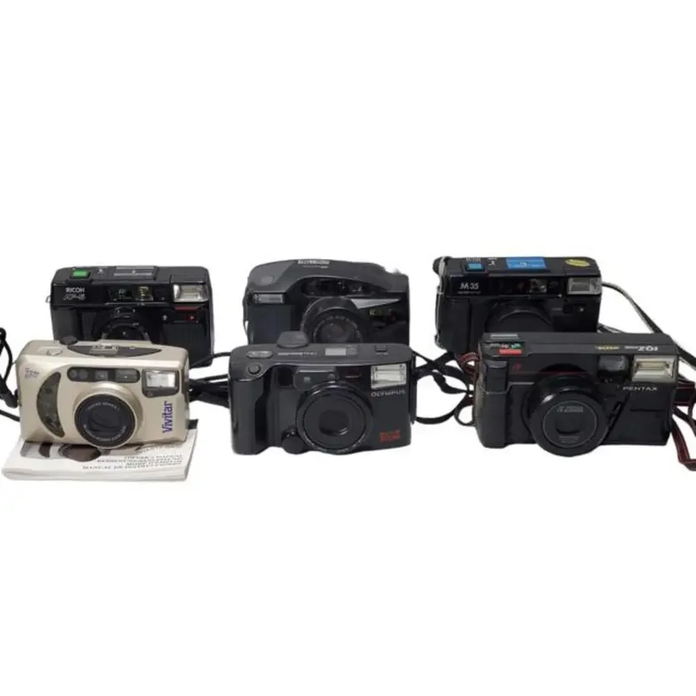 Vintage Lot Of 6 35mm Cameras For Parts As Is Vivitar Olympus Pentax Sears Ricoh
